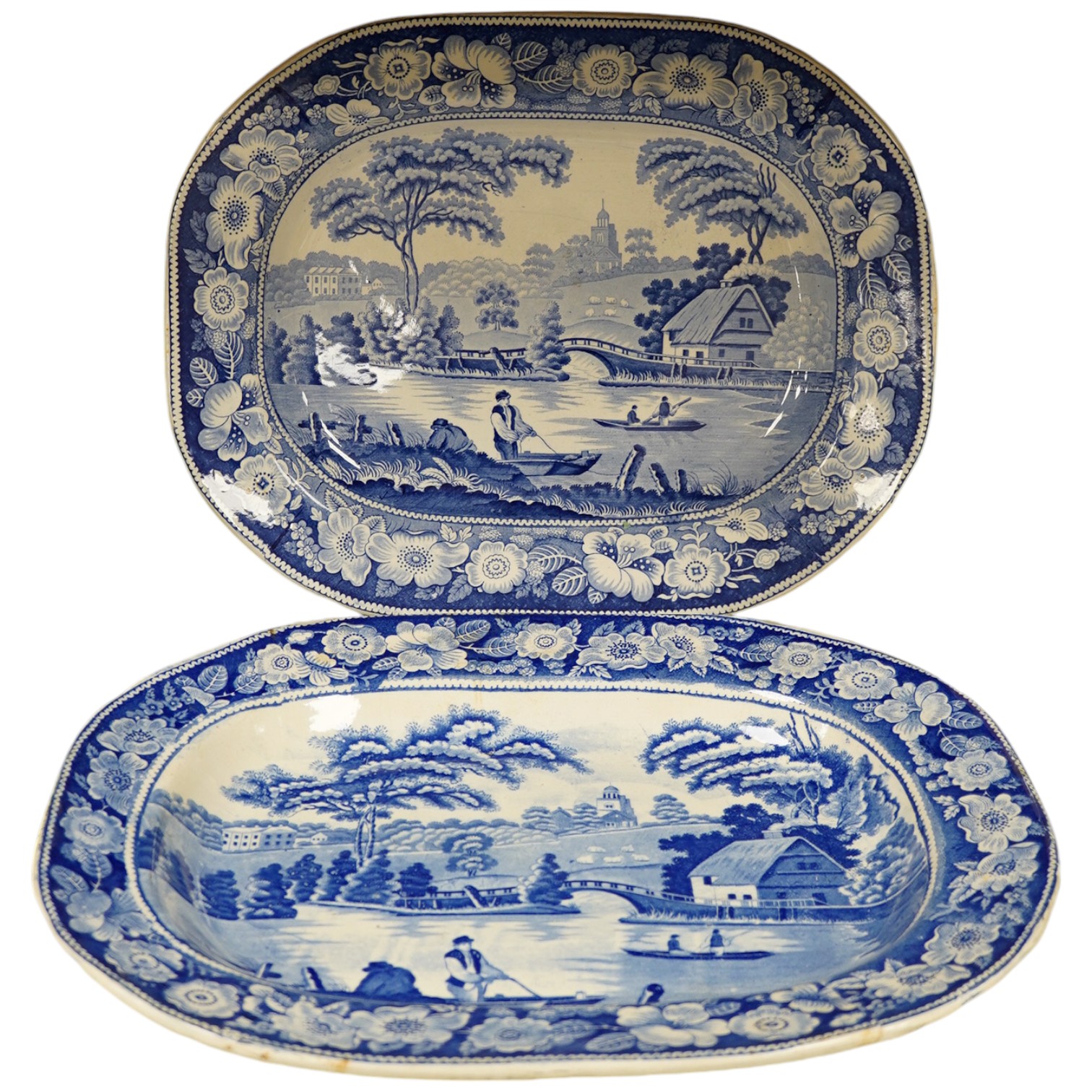 A pair of Victorian blue and white Briar Rose serving plates, 46cm wide. Condition - fair